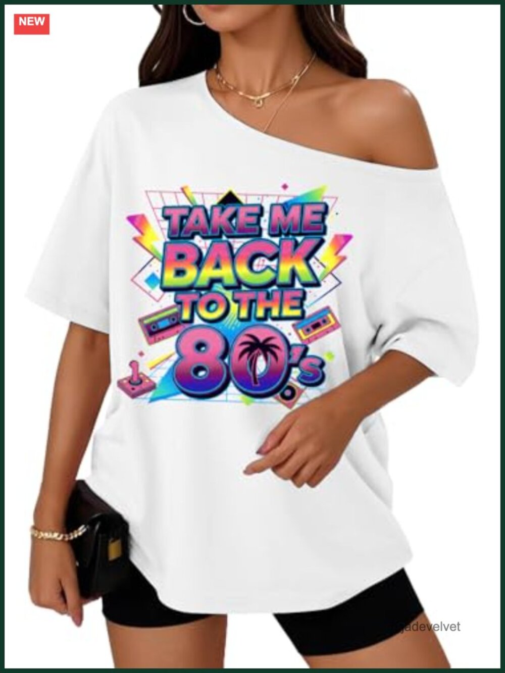 Retro 80s Off Shoulder Top Oversized Short Sleeve Disco Party Tee